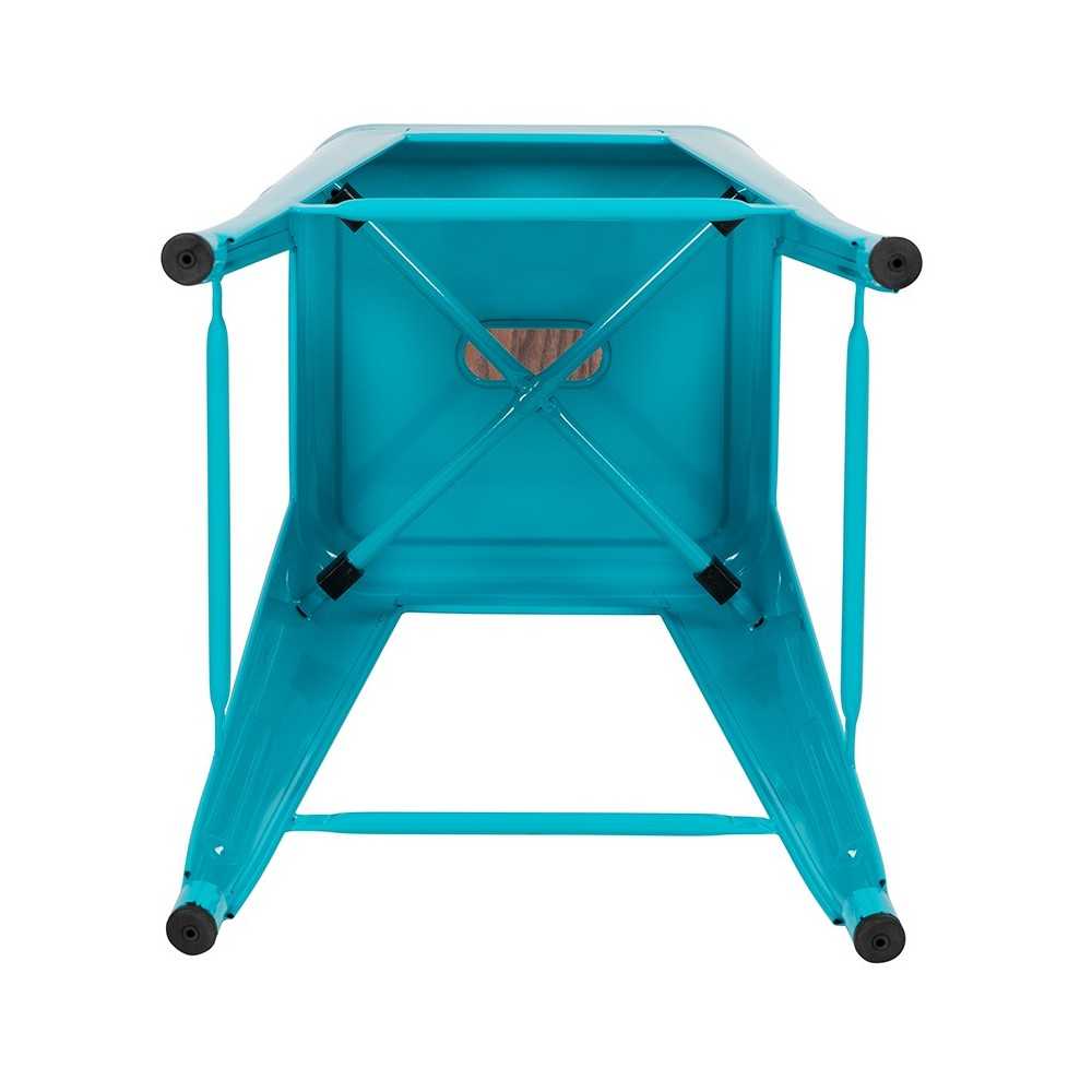 24" High Metal Counter-Height, Indoor Bar Stool with Wood Seat in Teal - Stackable Set of 4