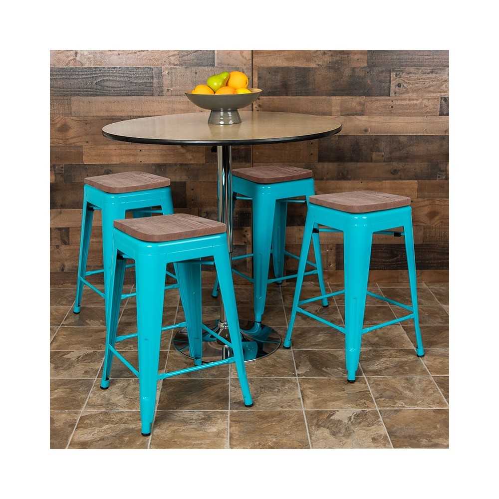 24" High Metal Counter-Height, Indoor Bar Stool with Wood Seat in Teal - Stackable Set of 4