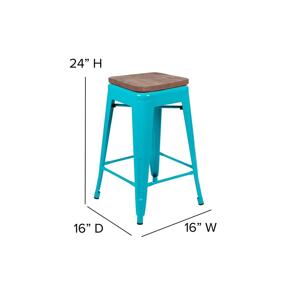 24" High Metal Counter-Height, Indoor Bar Stool with Wood Seat in Teal - Stackable Set of 4