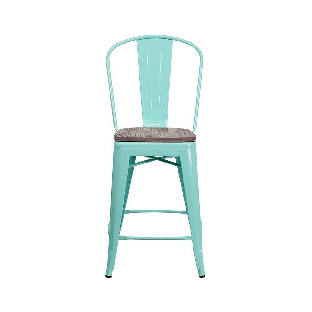 24" High Mint Green Metal Counter Height Stool with Back and Wood Seat