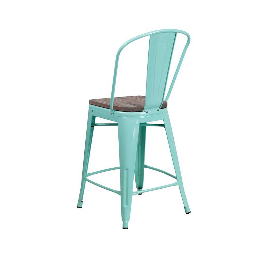 24" High Mint Green Metal Counter Height Stool with Back and Wood Seat