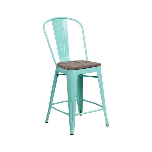 24" High Mint Green Metal Counter Height Stool with Back and Wood Seat