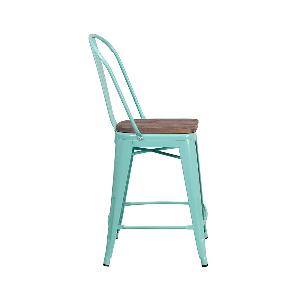 24" High Mint Green Metal Counter Height Stool with Back and Wood Seat