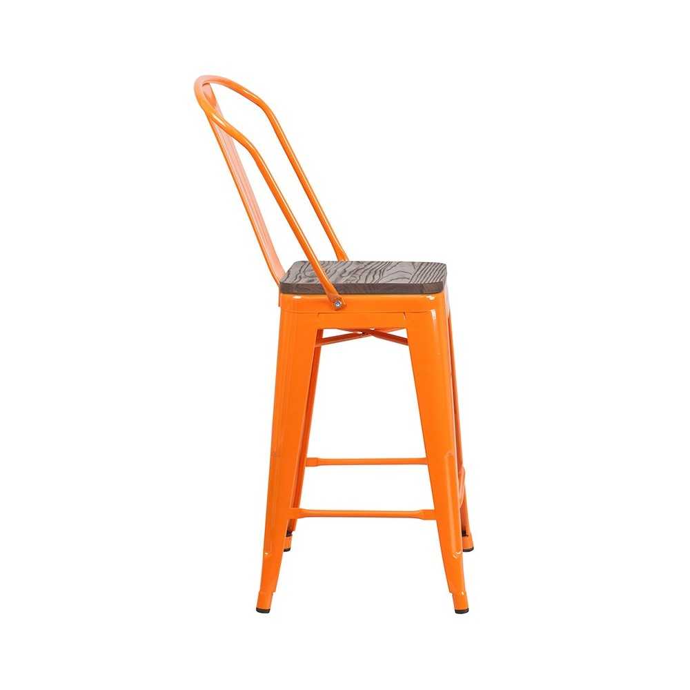 24" High Orange Metal Counter Height Stool with Back and Wood Seat