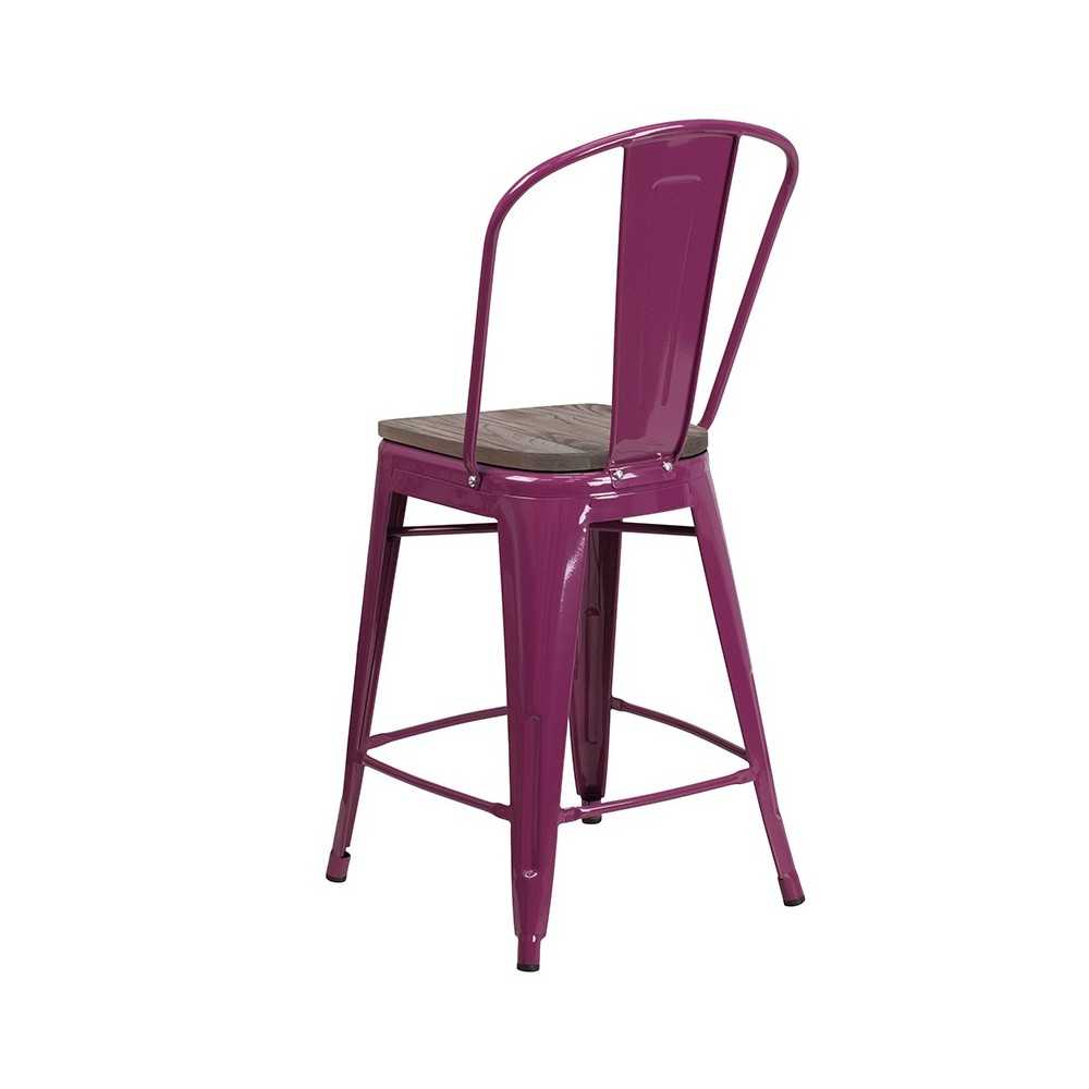 24" High Purple Metal Counter Height Stool with Back and Wood Seat
