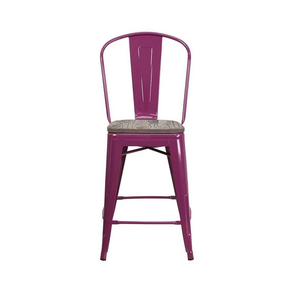 24" High Purple Metal Counter Height Stool with Back and Wood Seat