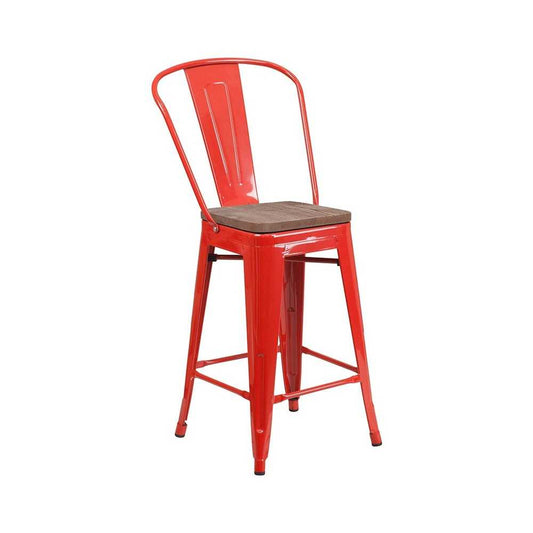 24" High Red Metal Counter Height Stool with Back and Wood Seat