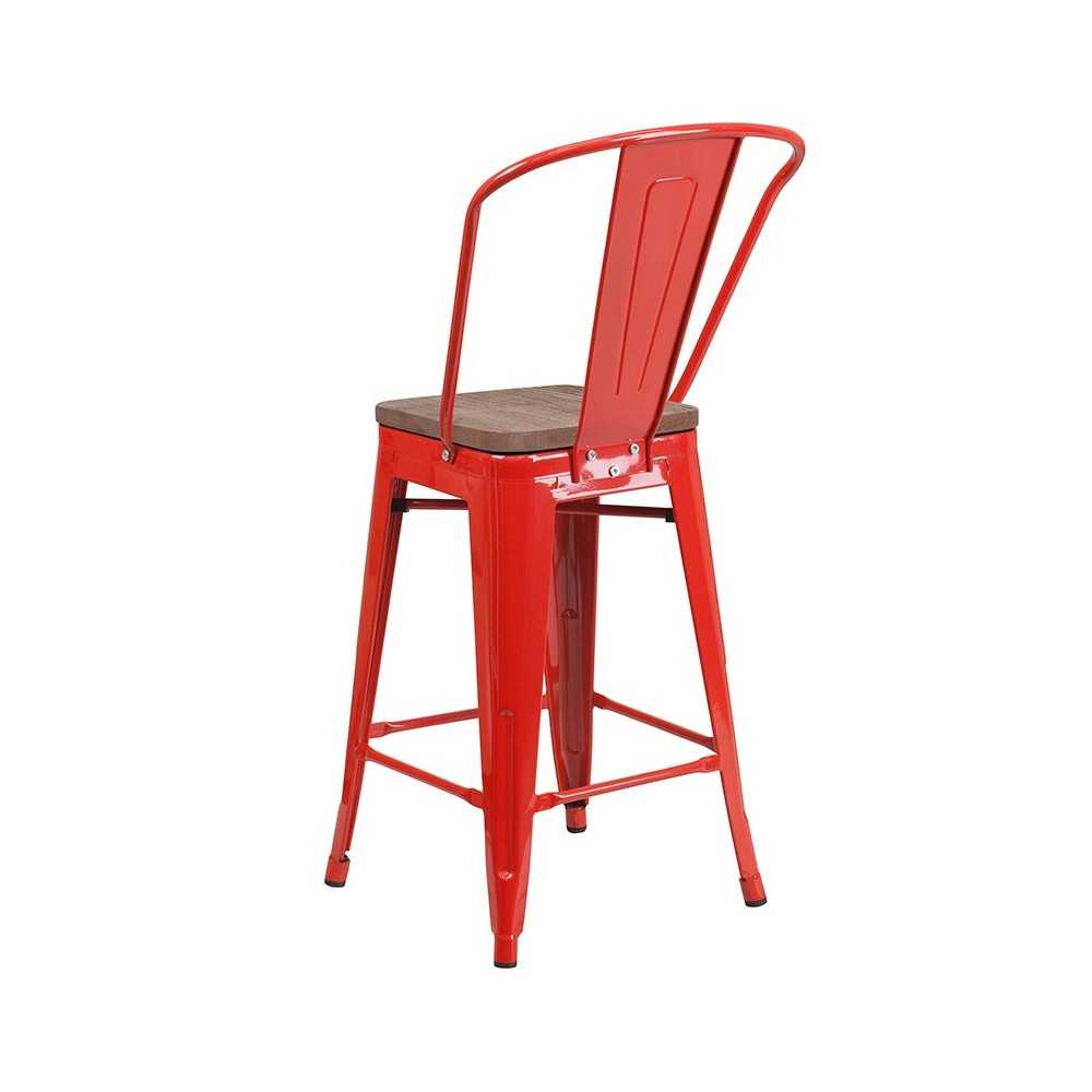 24" High Red Metal Counter Height Stool with Back and Wood Seat