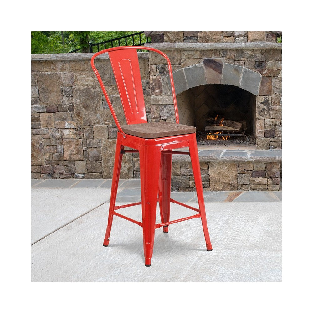 24" High Red Metal Counter Height Stool with Back and Wood Seat
