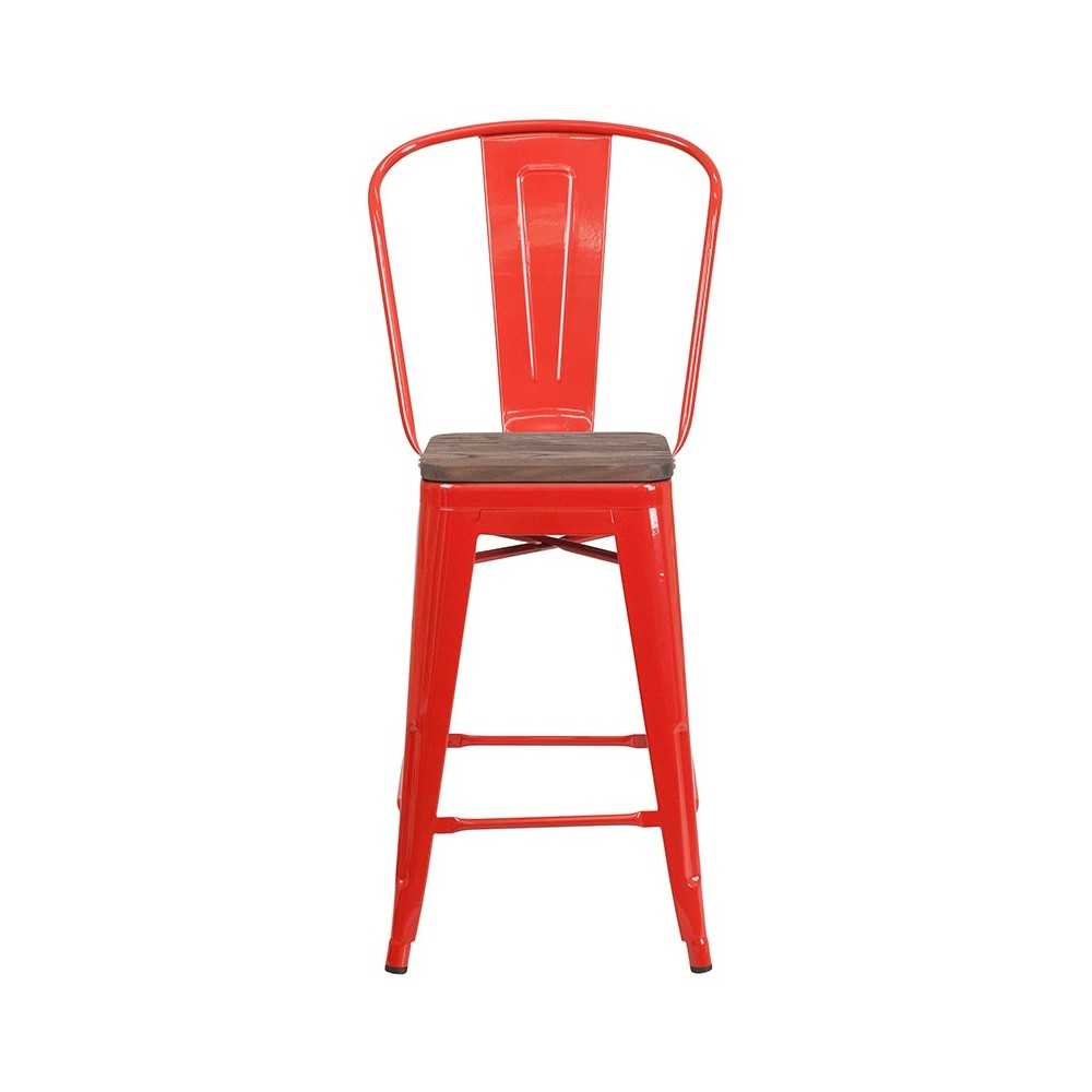 24" High Red Metal Counter Height Stool with Back and Wood Seat