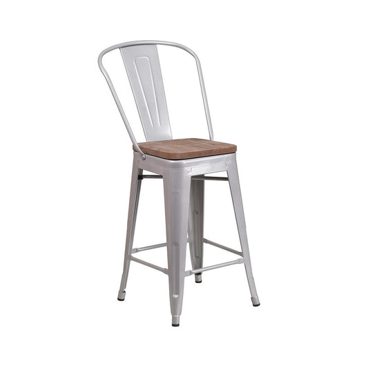24" High Silver Metal Counter Height Stool with Back and Wood Seat