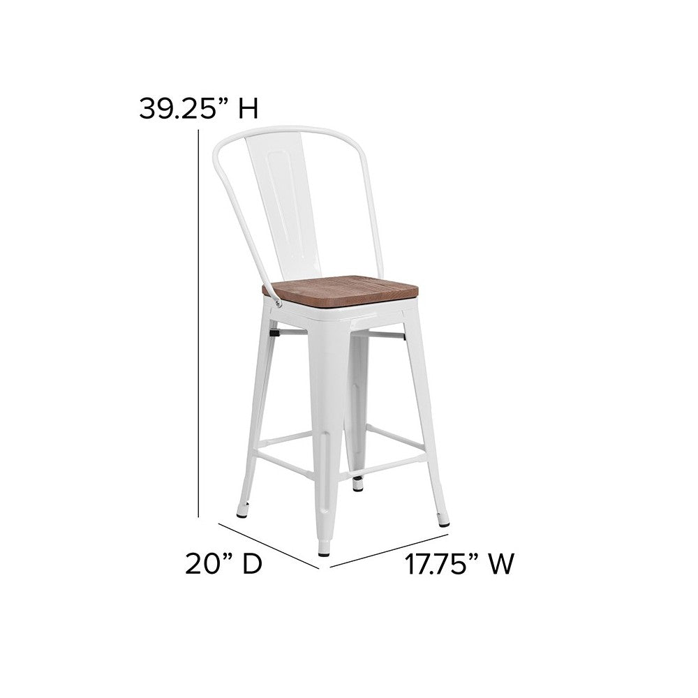 24" High White Metal Counter Height Stool with Back and Wood Seat