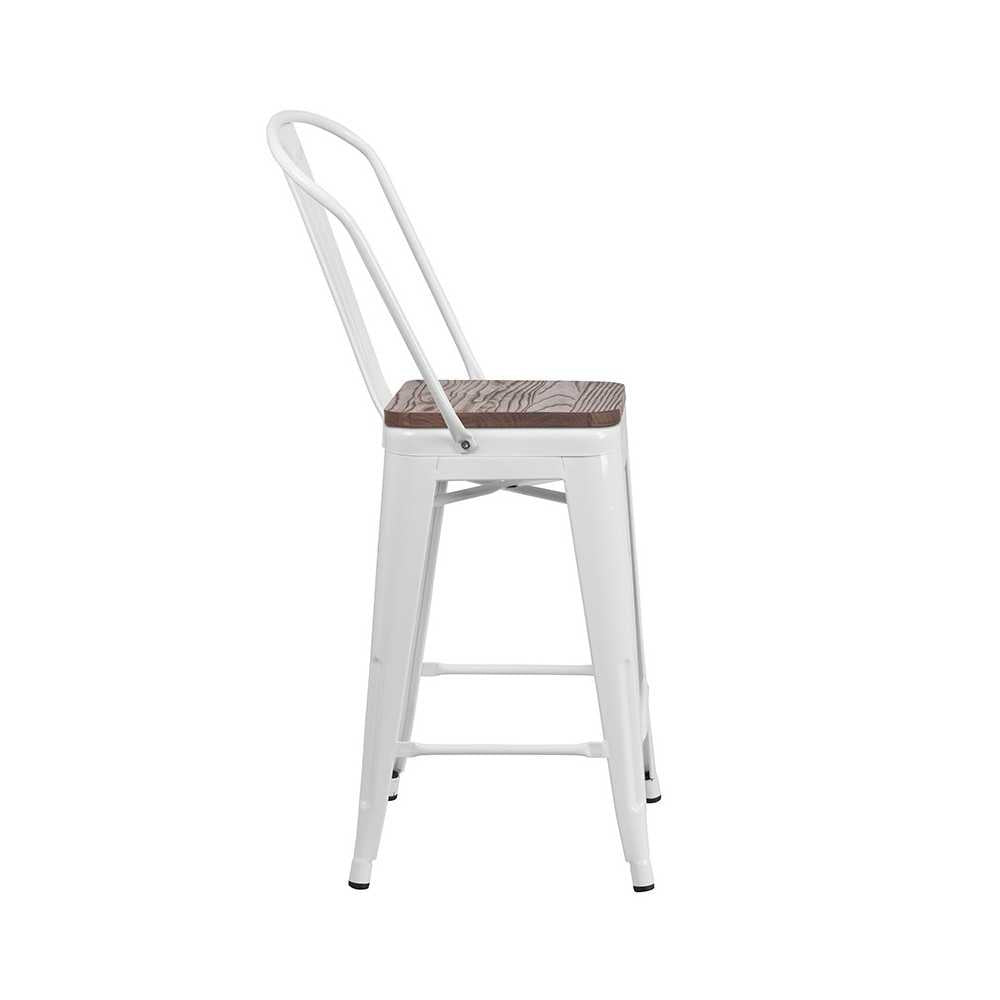 24" High White Metal Counter Height Stool with Back and Wood Seat
