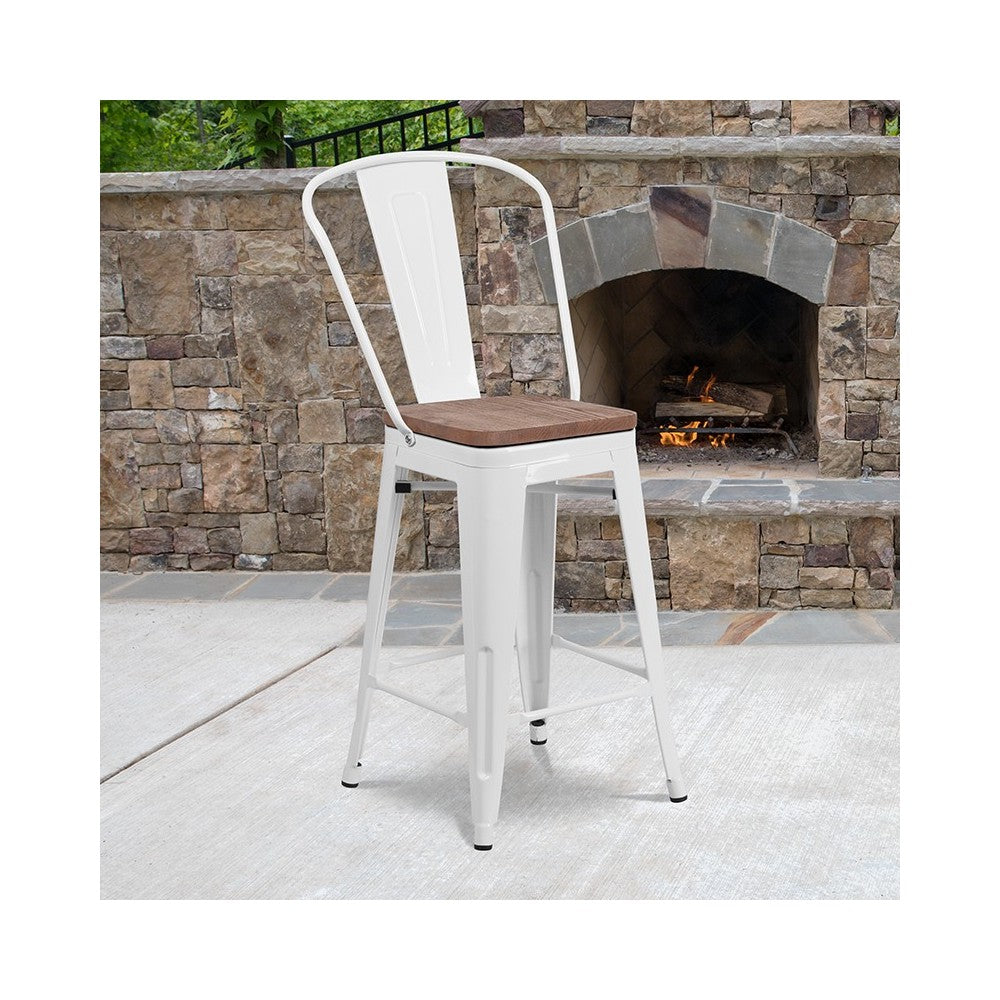 24" High White Metal Counter Height Stool with Back and Wood Seat