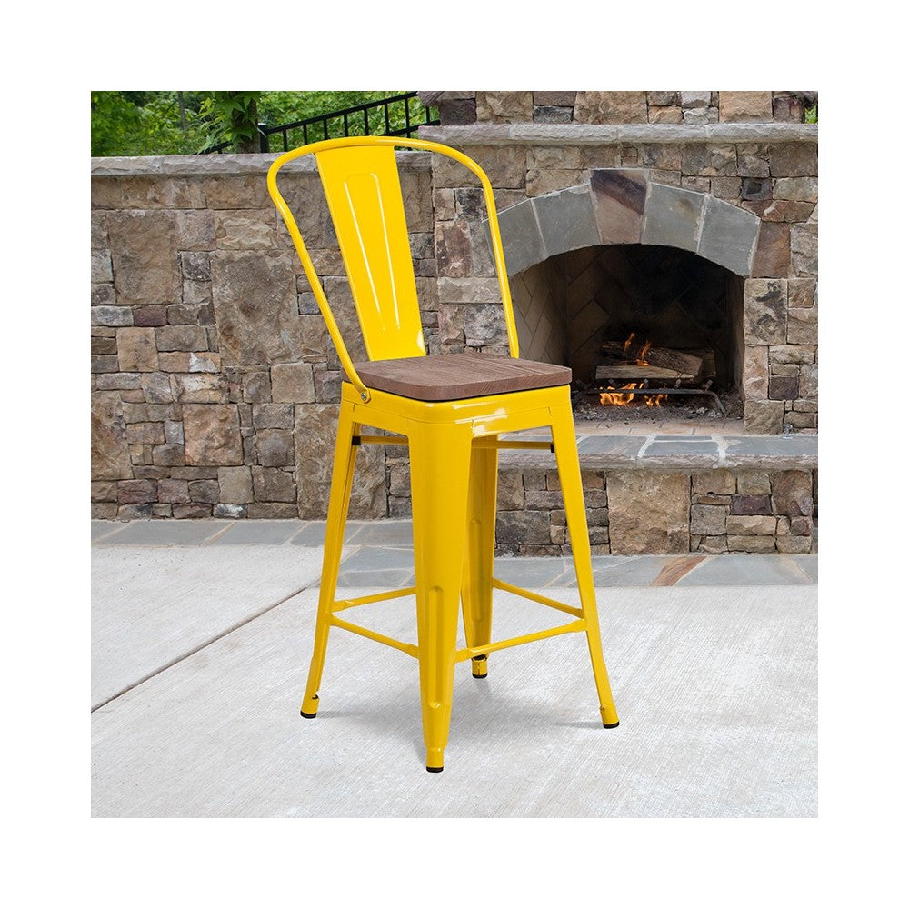 24" High Yellow Metal Counter Height Stool with Back and Wood Seat