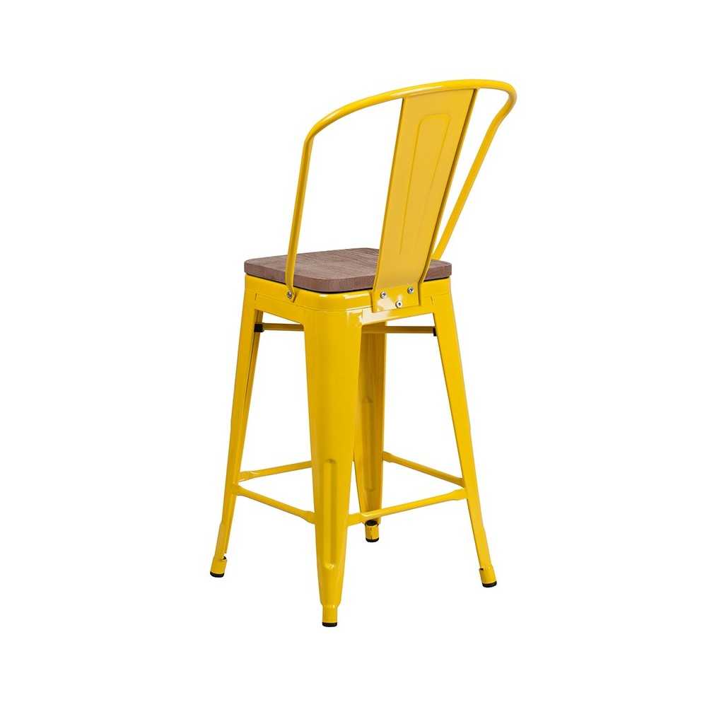 24" High Yellow Metal Counter Height Stool with Back and Wood Seat