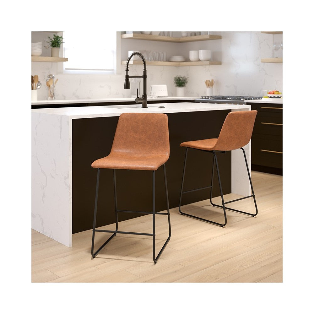 24 inch LeatherSoft Counter Height Barstools in Light Brown, Set of 2