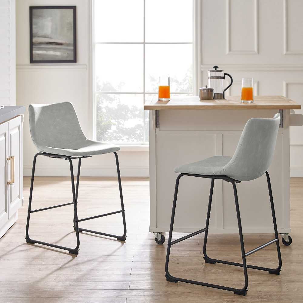24" Industrial Faux Leather Counter Stools, Set of 2 - Gray