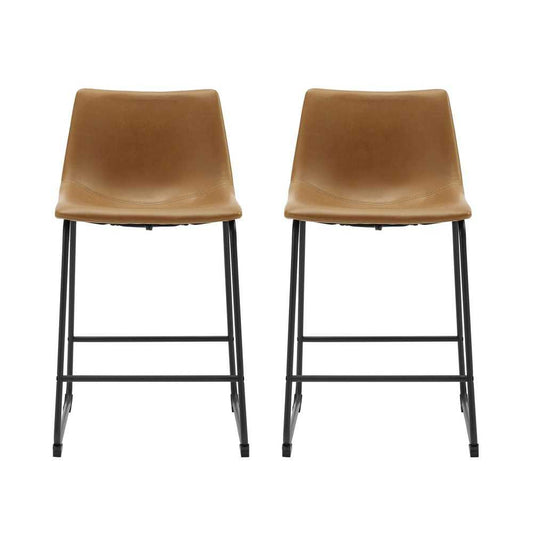 24" Industrial Faux Leather Counter Stools, Set of 2 - Whiskey Brown