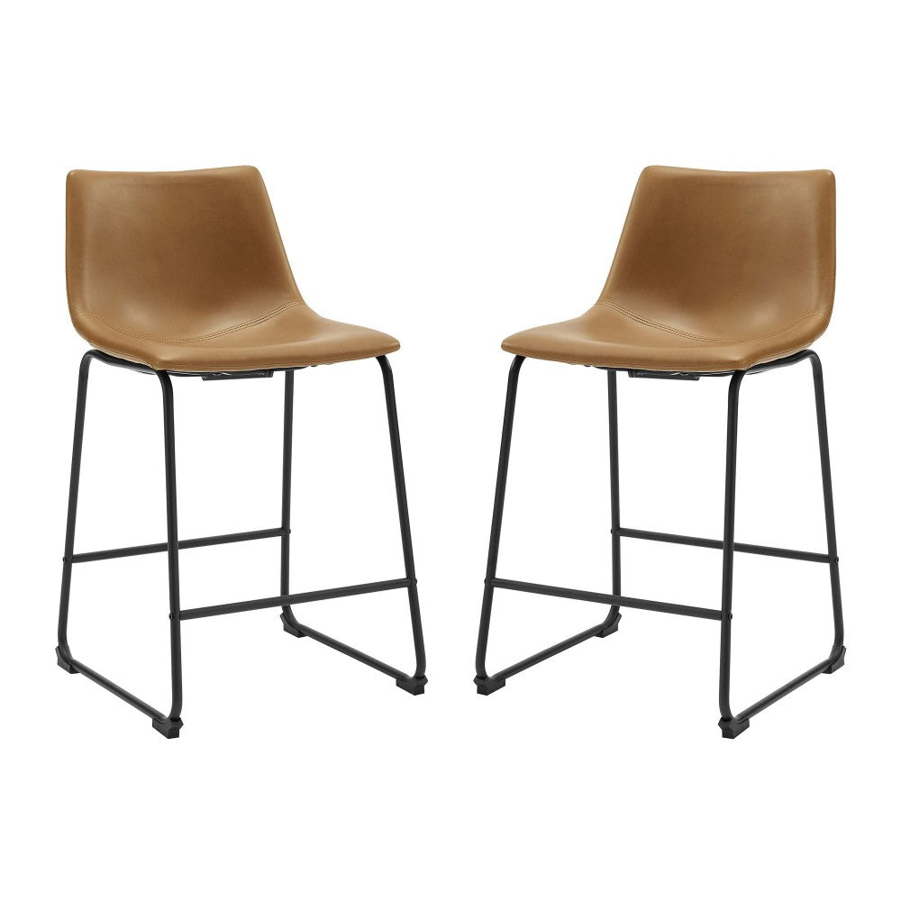 24" Industrial Faux Leather Counter Stools, Set of 2 - Whiskey Brown