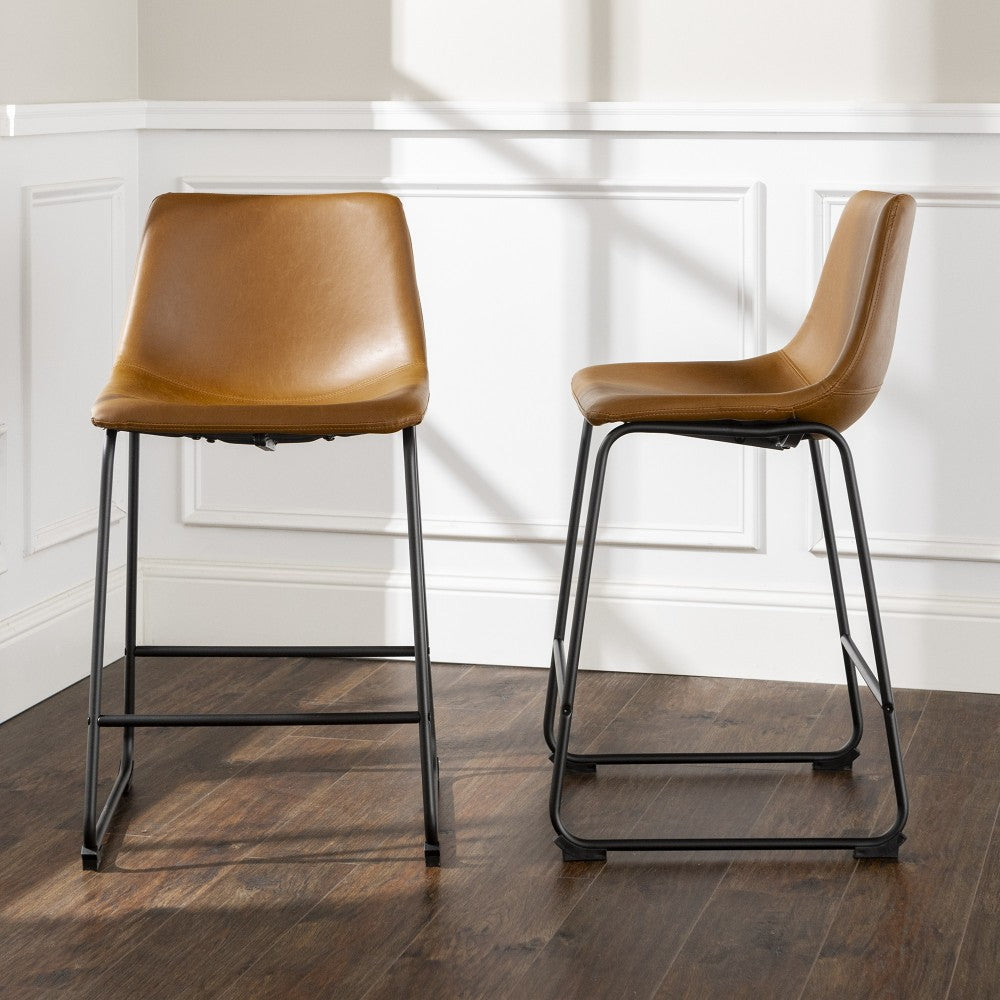 24" Industrial Faux Leather Counter Stools, Set of 2 - Whiskey Brown