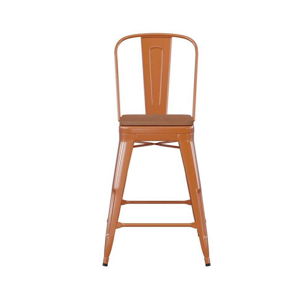 24" Orange Metal Indoor-Outdoor Counter HeightStool-Teak Seat