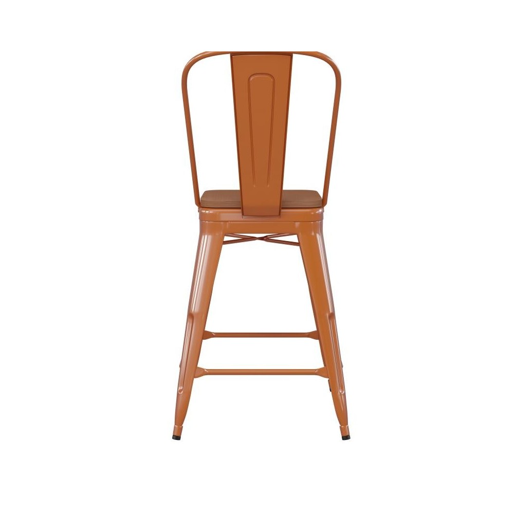 24" Orange Metal Indoor-Outdoor Counter HeightStool-Teak Seat