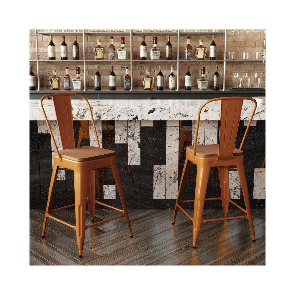 24" Orange Metal Indoor-Outdoor Counter HeightStool-Teak Seat