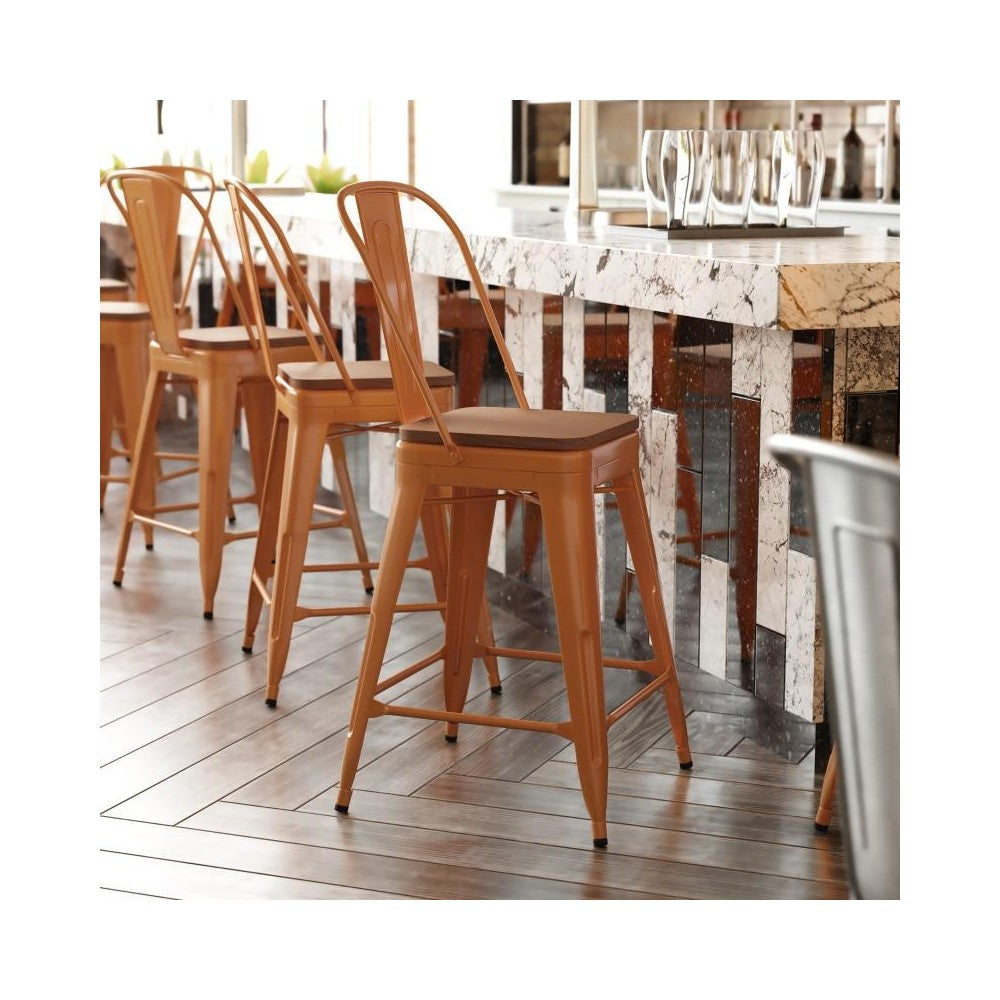 24" Orange Metal Indoor-Outdoor Counter HeightStool-Teak Seat