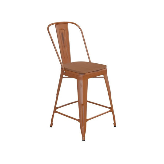 24" Orange Metal Stool-Teak Seat