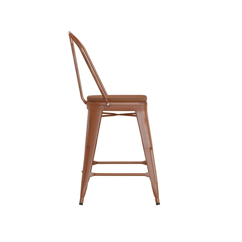 24" Orange Metal Stool-Teak Seat
