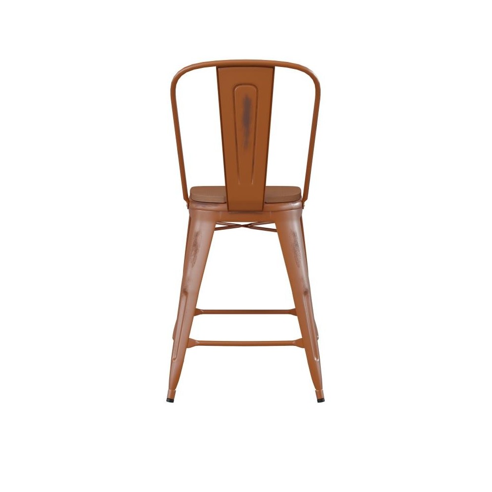 24" Orange Metal Stool-Teak Seat