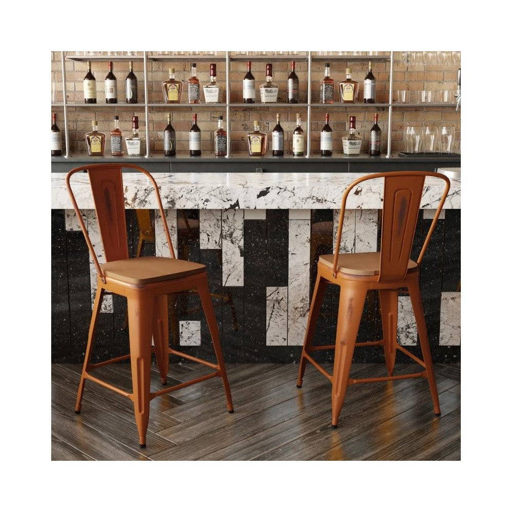 24" Orange Metal Stool-Teak Seat