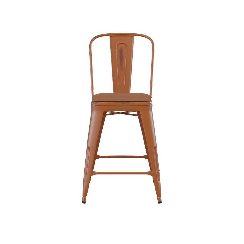 24" Orange Metal Stool-Teak Seat