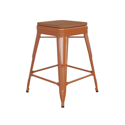 24" Orange Stool-Teak Seat