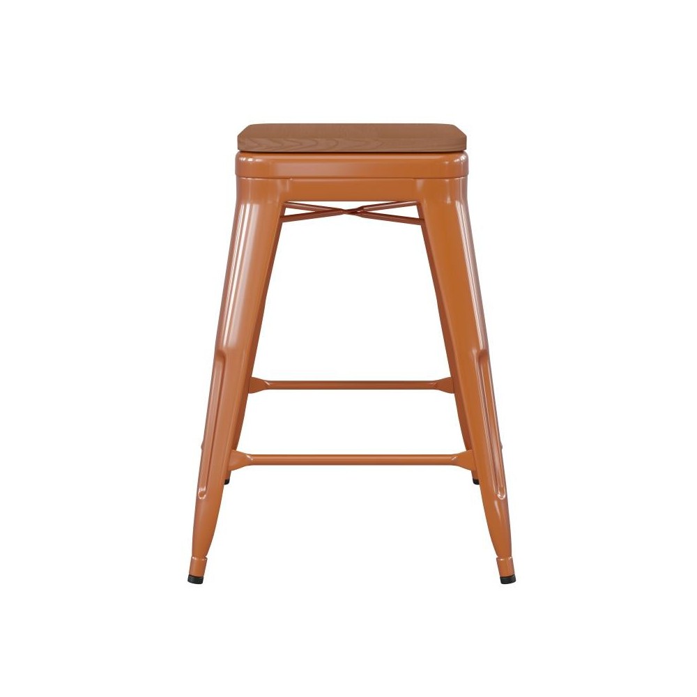 24" Orange Stool-Teak Seat