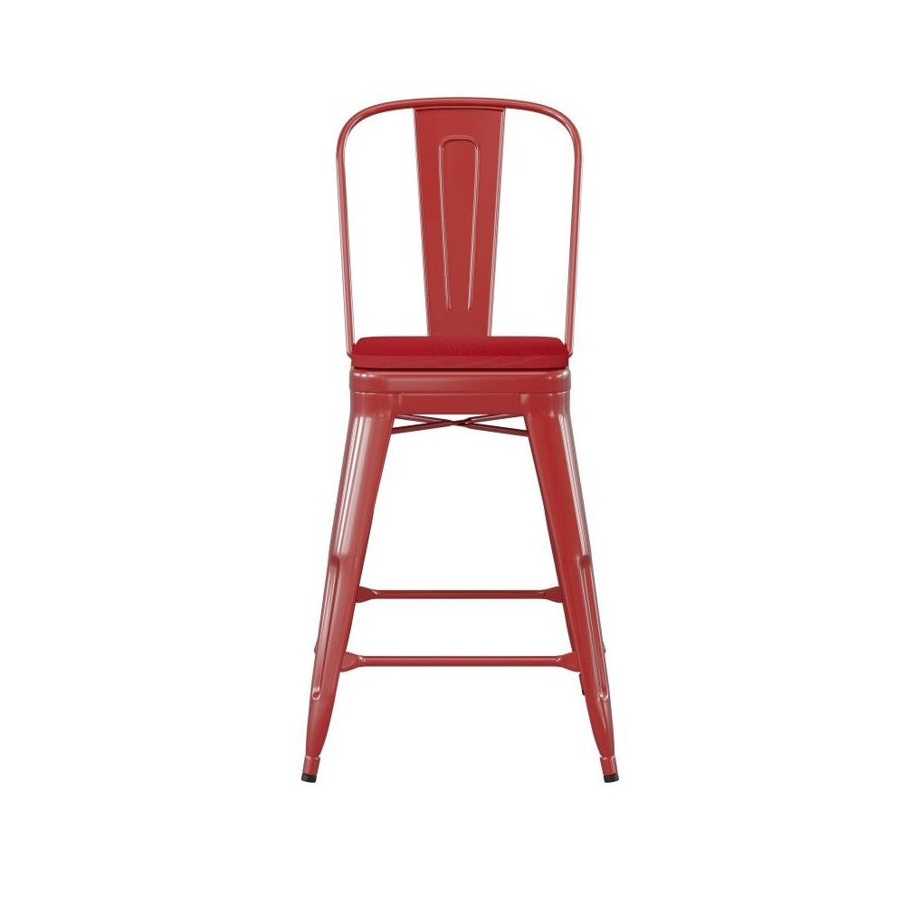 24" Red Metal Indoor-Outdoor Counter Height Stool-Red Seat