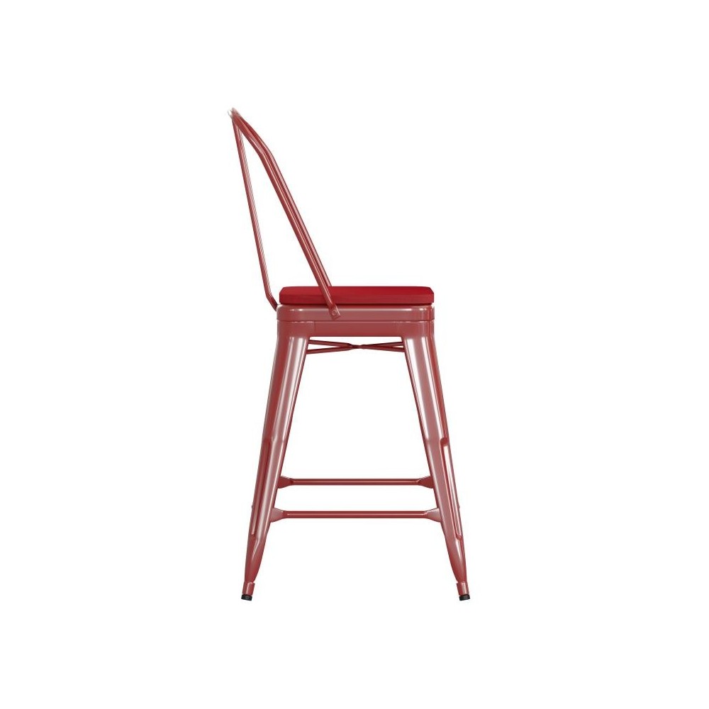 24" Red Metal Indoor-Outdoor Counter Height Stool-Red Seat