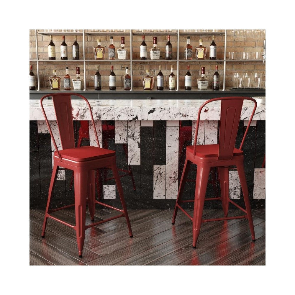 24" Red Metal Indoor-Outdoor Counter Height Stool-Red Seat
