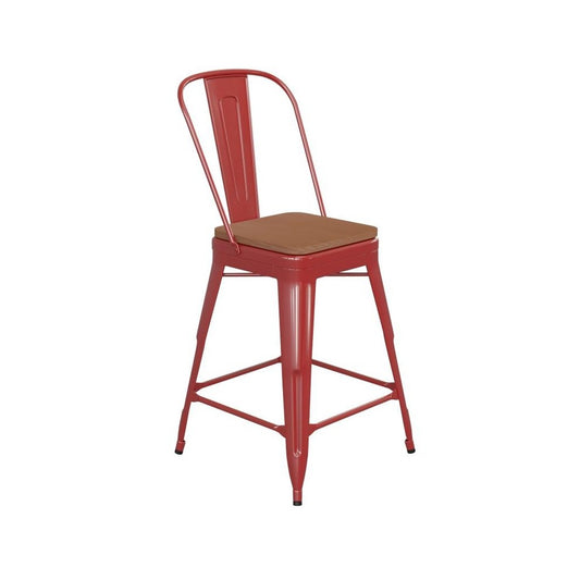 24" Red Stool-Teak Seat