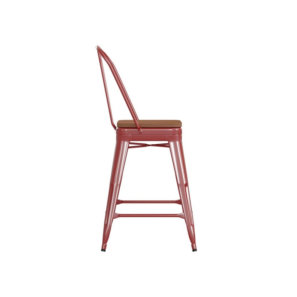 24" Red Stool-Teak Seat