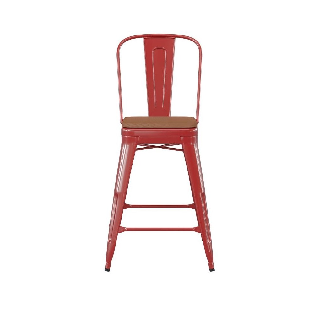 24" Red Stool-Teak Seat