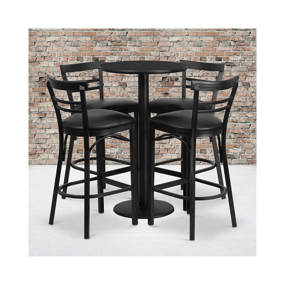 24'' Round Black Laminate Table Set with Round Base and 4 Two-Slat Ladder Back Metal Barstools - Black Vinyl Seat