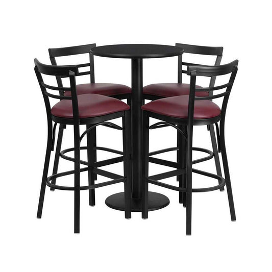 24'' Round Black Laminate Table Set with Round Base and 4 Two-Slat Ladder Back Metal Barstools - Burgundy Vinyl Seat