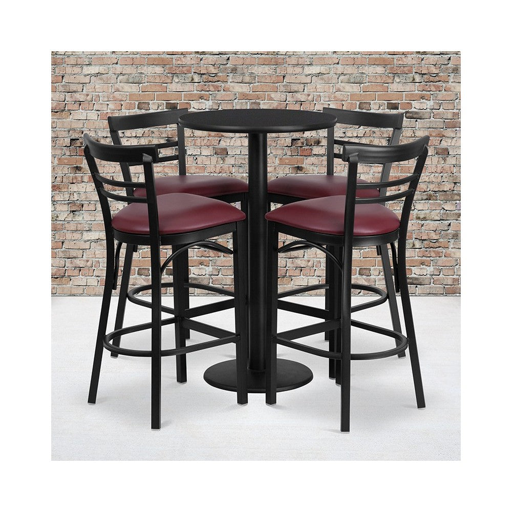 24'' Round Black Laminate Table Set with Round Base and 4 Two-Slat Ladder Back Metal Barstools - Burgundy Vinyl Seat