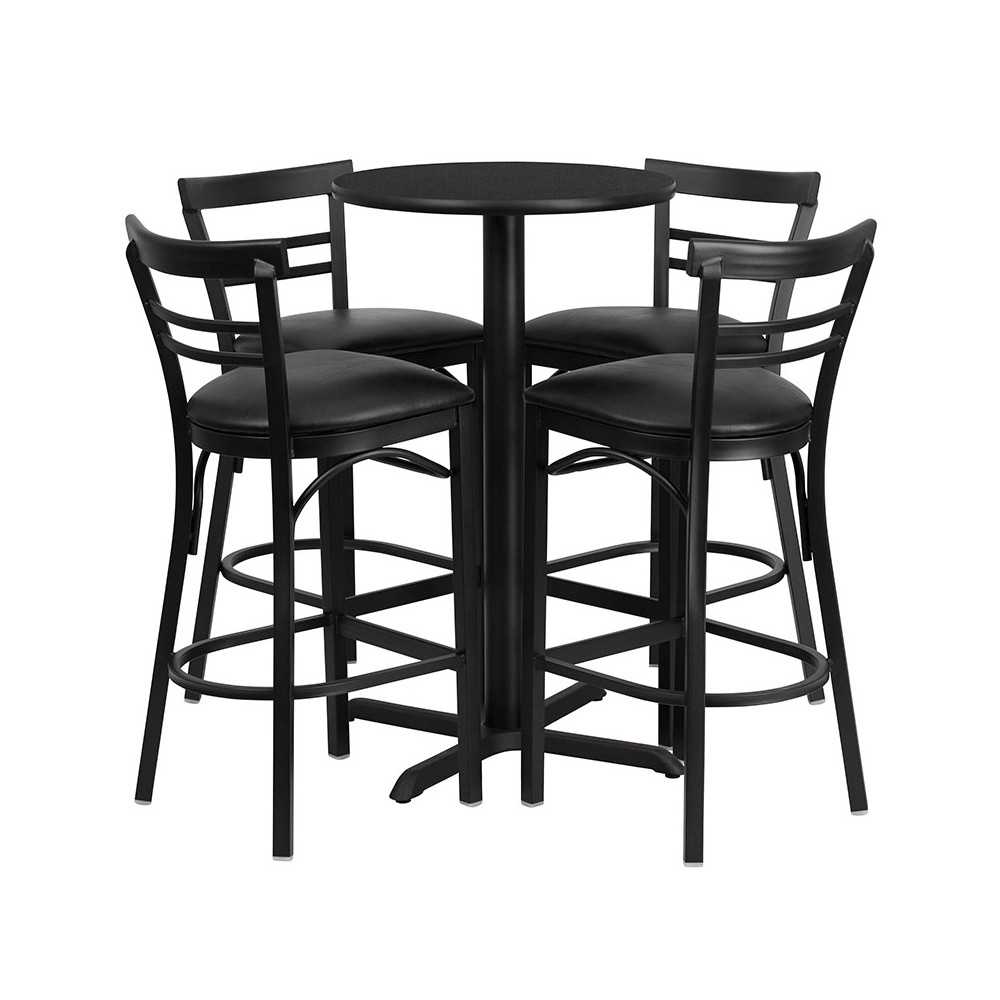 24'' Round Black Laminate Table Set with X-Base and 4 Two-Slat Ladder Back Metal Barstools - Black Vinyl Seat