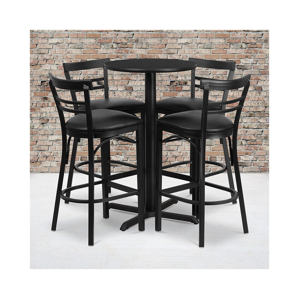 24'' Round Black Laminate Table Set with X-Base and 4 Two-Slat Ladder Back Metal Barstools - Black Vinyl Seat