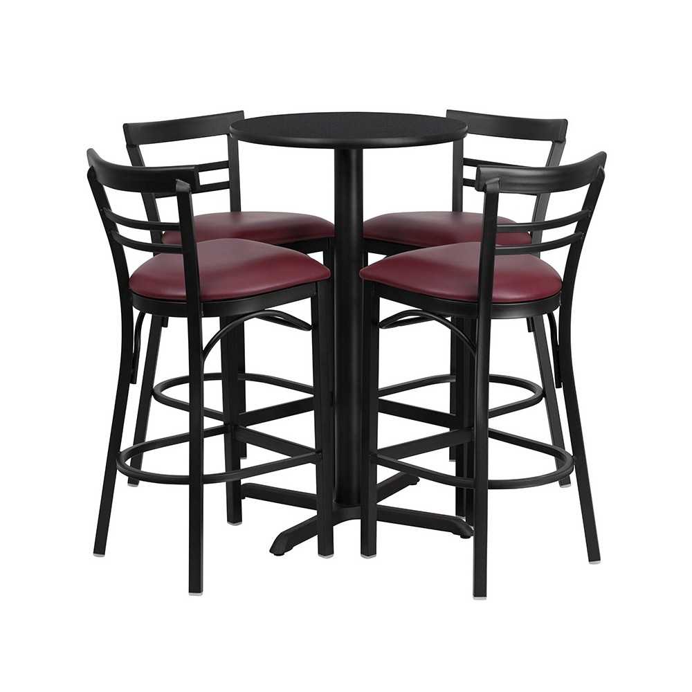 24'' Round Black Laminate Table Set with X-Base and 4 Two-Slat Ladder Back Metal Barstools - Burgundy Vinyl Seat