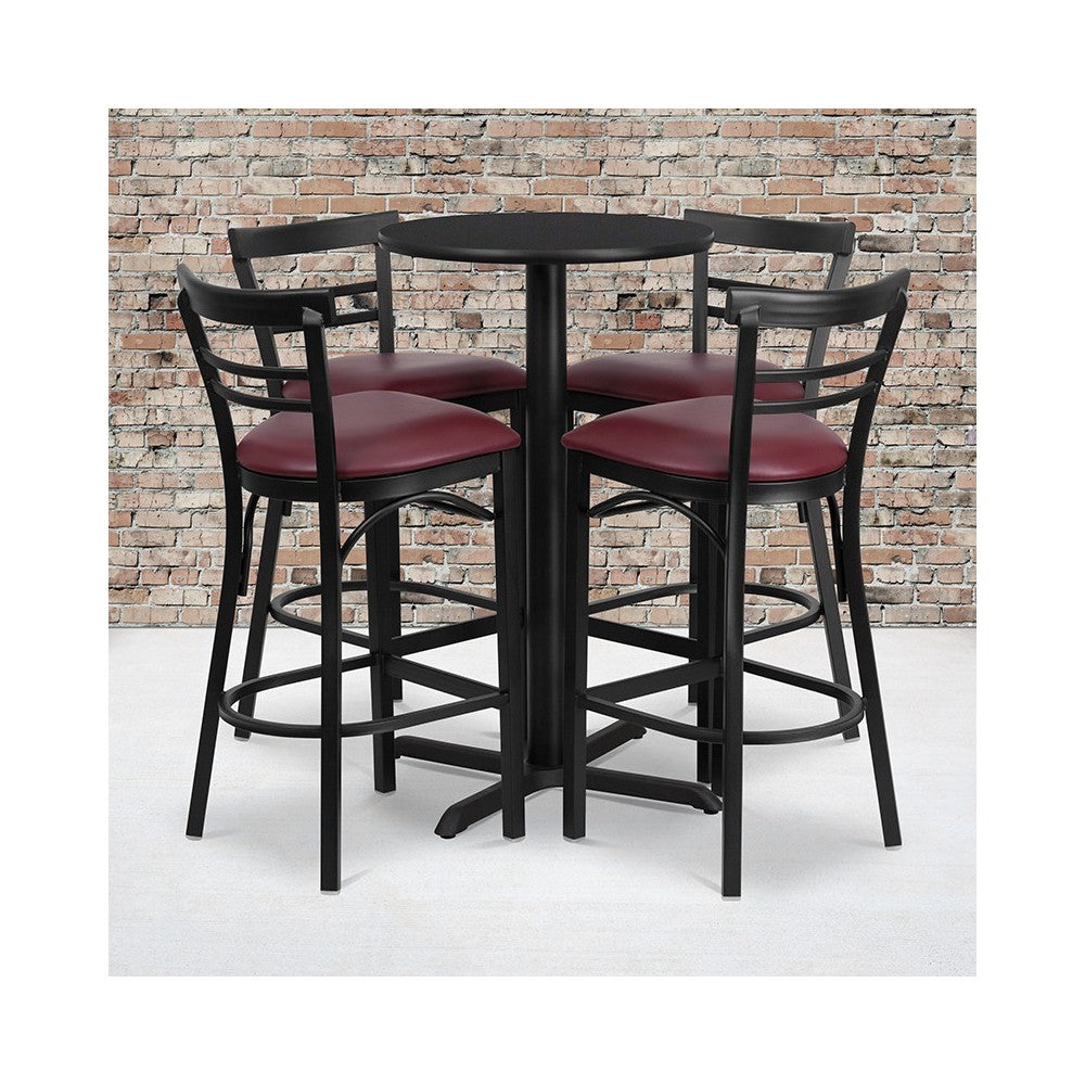 24'' Round Black Laminate Table Set with X-Base and 4 Two-Slat Ladder Back Metal Barstools - Burgundy Vinyl Seat