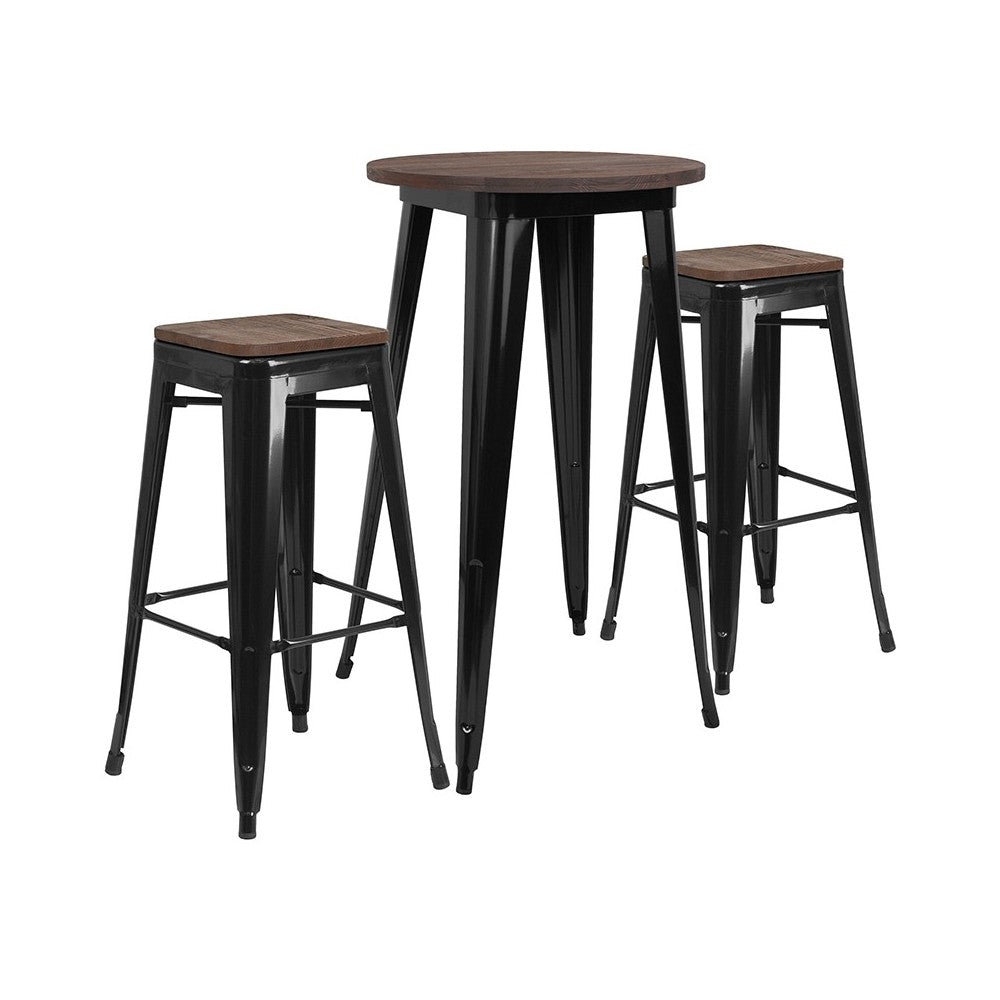 24" Round Black Metal Bar Table Set with Wood Top and 2 Backless Stools